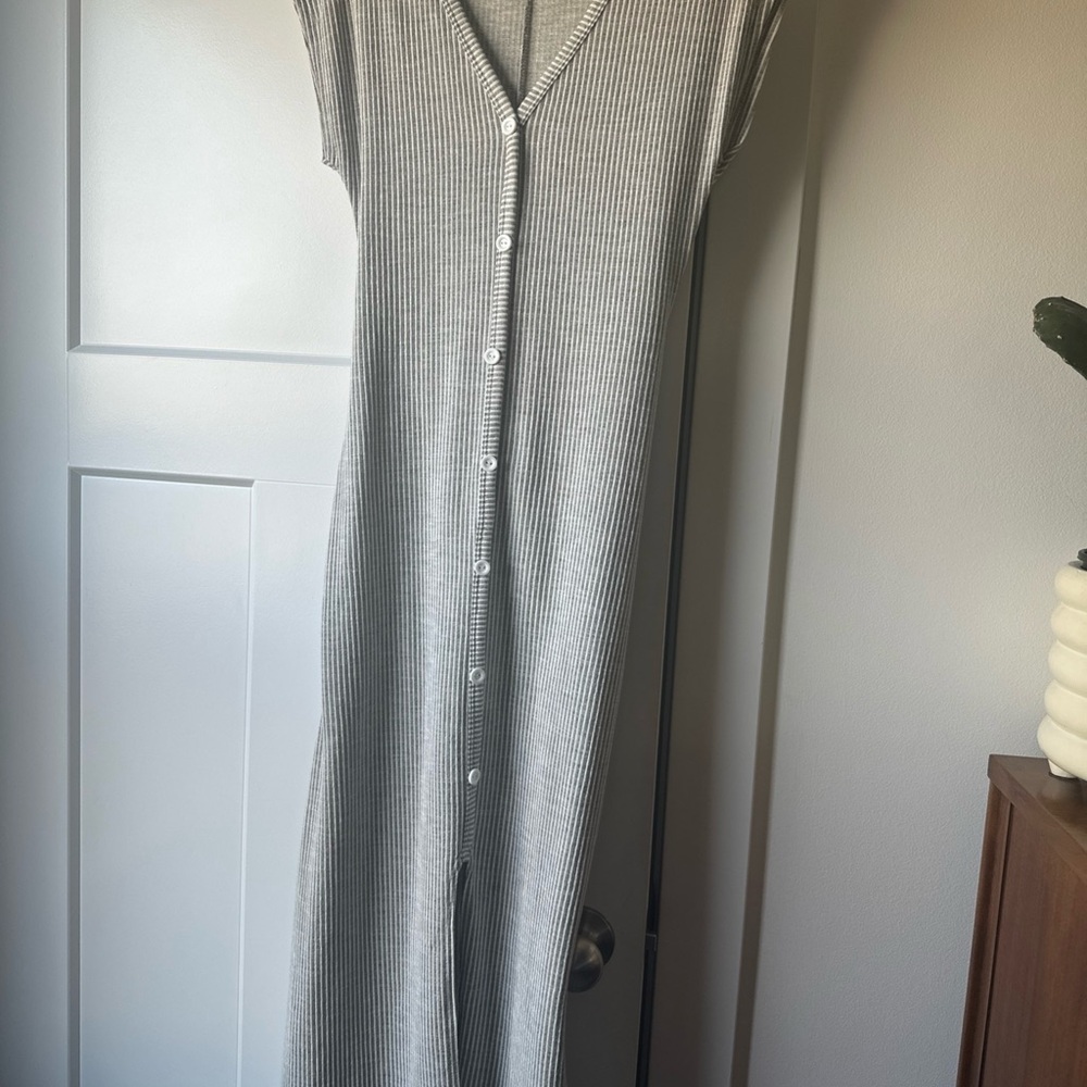 Gray Ribbed Button-Down Jumpsuit